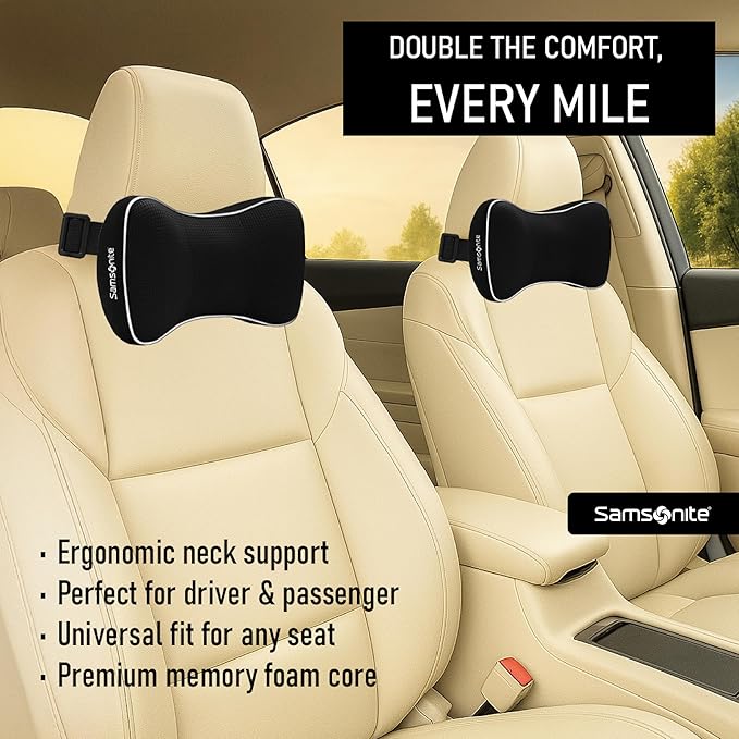 Samsonite Car Neck Pillow, Soft Memory Foam Headrest Pillow for Driving, Ergonomic Car Seat Headrest Cushion with Adjustable Strap, Breathable & Removable Cover, Neck Pain Relief, Black