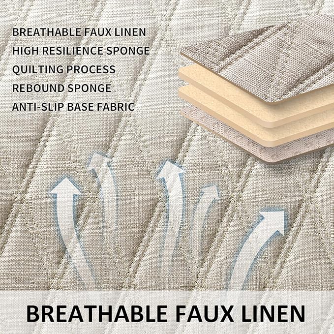 Universal Auto Faux Linen Back Car Seat Cover Beige - Breathable Rear Seat Protector with Non-Slip Bottom Size M - Diamond Stitched Bench Seats Cushion for Vehicles Cars Van SUV Truck