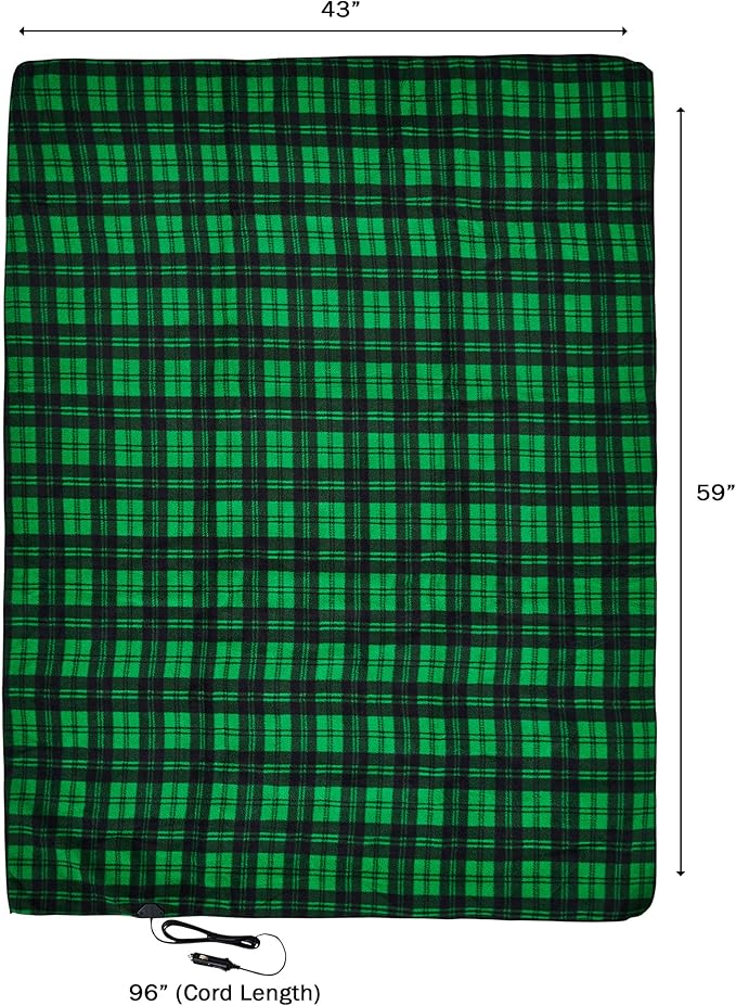 Heated Blanket - 12-Volt Electric Blanket for Car, Truck, SUV, or RV - Portable Winter Car Accessories for Camping or Travel by Stalwart (Green and Black Plaid)