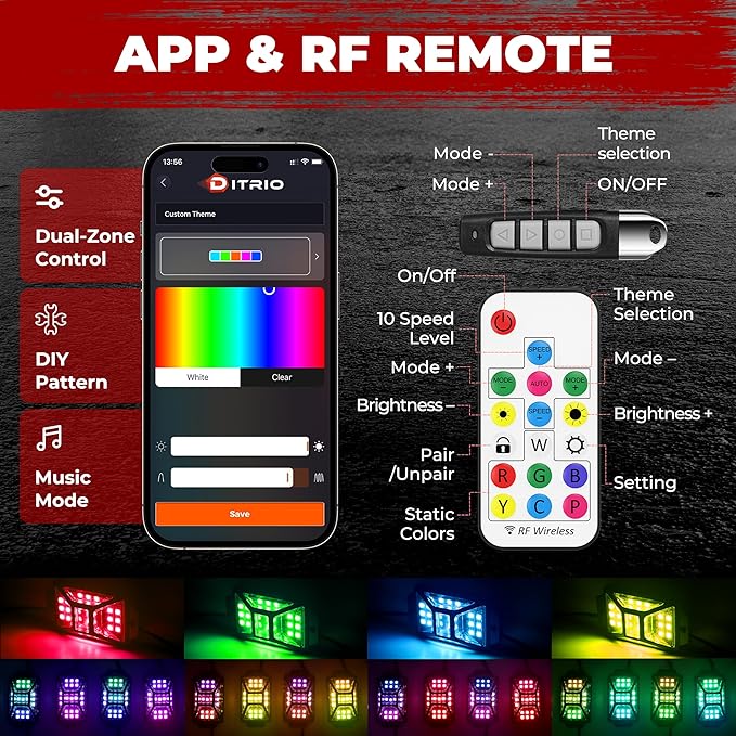 12 Pods Five Sided RGB Rock Lights for Trucks Jeep UTV SUV ATV Golf Cart, Multi Chasing Color App/Remote Control Led Rock Lights with Music Mode, Waterproof Exterior Underglow Kits for Cars(Patented)