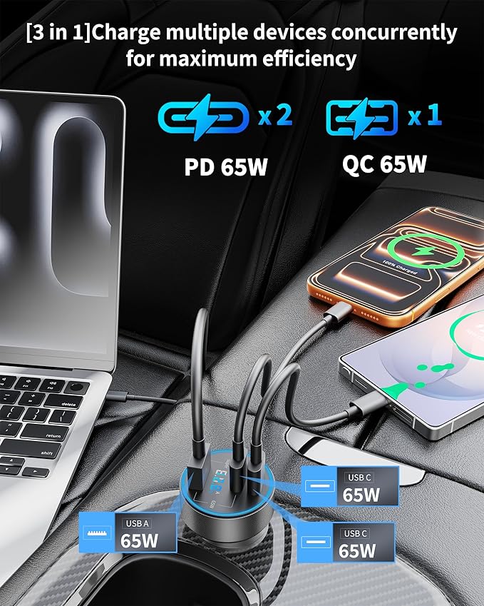 USB C Car Charger, 3-Port 130W Type C Super Fast Charging Car Phone Charger Adapter Accessories with Voltage Display Cigarette Lighter for iPhone 17/16/15/14/13/12, iPad, Galaxy S26/S25/S24, Android