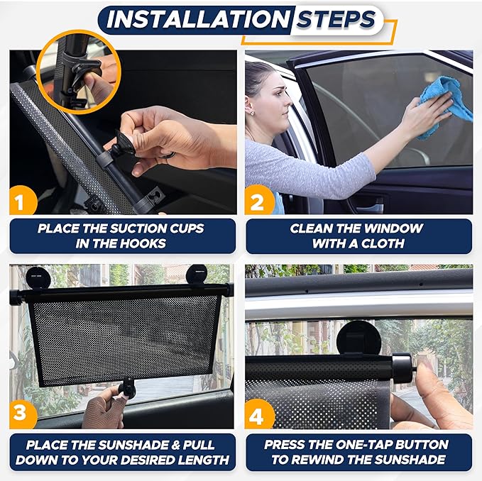 EcoNour Car Side Window Sun Shade (2 Pack) | Retractable Roller Sunshade for Kids | Baby Car Window Shades for UV and Sun Glare Protection | Baby Travel Accessories (15"x17")