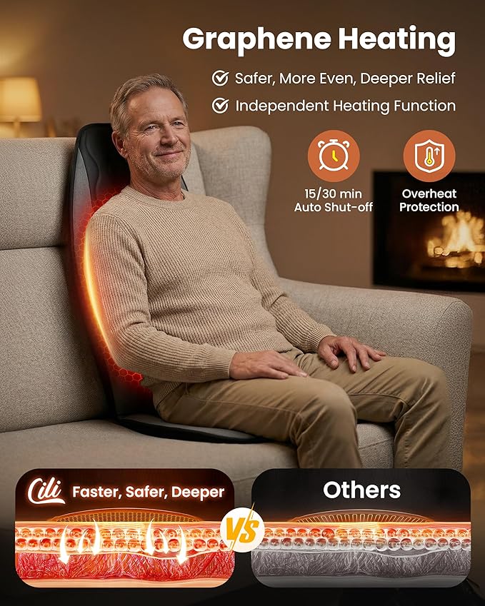 CILI Vibration Massage Chair Pad, Quiet Back Massager for Office Chair, Sofa & Recliner, Independent Graphene Heat & Massage Control, 15-30 Min Timer for Back Pain Relief