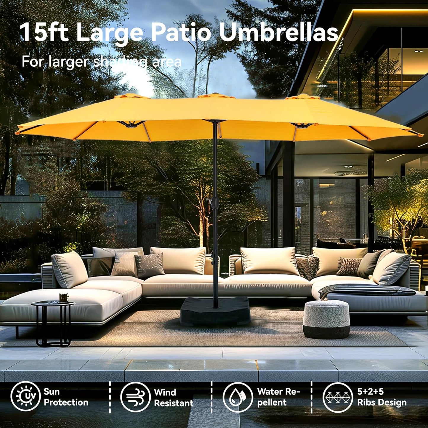 PHI VILLA 15ft Large Patio Umbrellas with Base Included, Outdoor Double-Sided Rectangle Market Umbrella with Stand, Outside Umbrellas for Poolside Lawn Garden, Golden Yellowwith