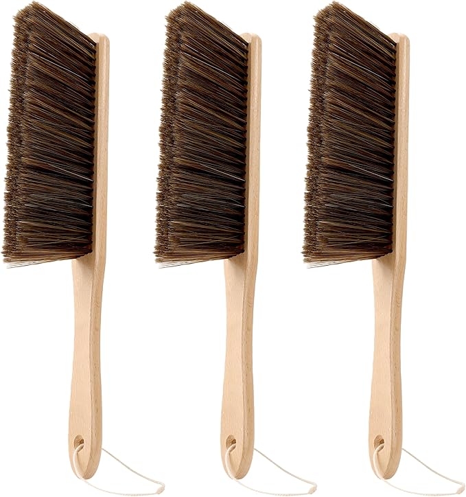 Hand Broom, 3 Pcs Dust Brush Set, 5 Rows Wider Horsehair Brush with Reinforced Fiber and Beech Wood Handle, Soft and Flexible for Furniture, Sofa, Bed, Clothes, Carpet, Counter, Bench