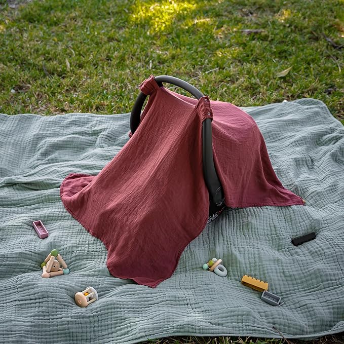 Comfy Cubs Baby Car Seat Cover - Soft, Breathable Bamboo Rayon and Muslin Cotton Blend - Lightweight Canopy for Sun, Bug, and Comfort Protection - Large Size Infant Seat Cover in Wine Design