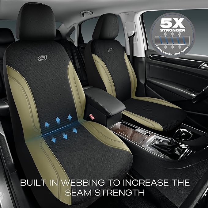 Skechers Car Seat Covers, Work Leather Seat Covers 5-Times Stronger Built-in Webbing,Oxford Fabric Seat Cover Full Sets, Airbag Compatible, Automotive Comfort for Cars,Trucks,SUVs,Beige