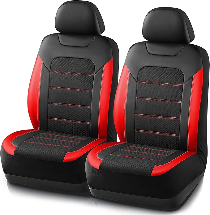 PIC AUTO Car Seat Covers, Premium Leather and Air Mesh Automotive Sports Seat Covers, Two Front Set, Airbag Compatible Universal Fits Most Cars, SUVs, Trucks and Vans (Black & Red)