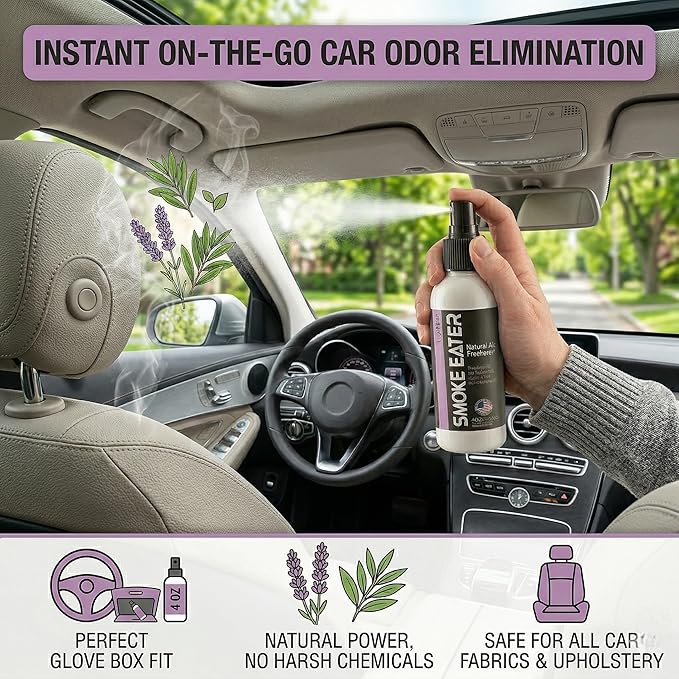 Smoke Eater Cigarette, Cigar & Tobacco Odor Eliminator Spray & Air Freshener for Car, Home, Clothes — Lavender, 4 oz Travel Size — Tea Tree Oil Formula, Non-Aerosol Pump Spray