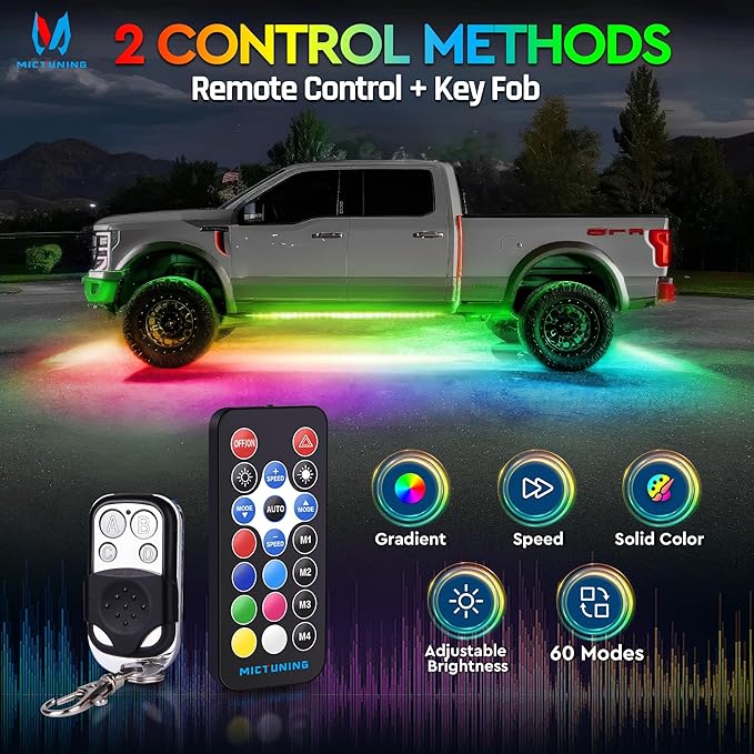 MICTUNING N8 RGB+IC Underglow LED Lighting Kit for Truck with Remote & Key Fob Dual Control, Exterior Neon Accent Underbody Strip, Multicolor Mode, Waterproof, Aluminum Casing