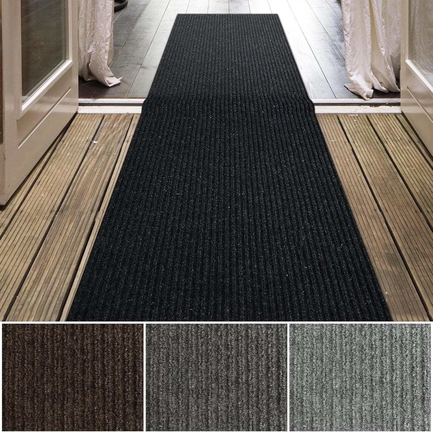 iCustomRug Spartan Weather Warrior Indoor/Outdoor Utility Ribbed Carpet Runner with Non-Slip Thermoplastic Rubber Backing, 3ft X 18ft in Black
