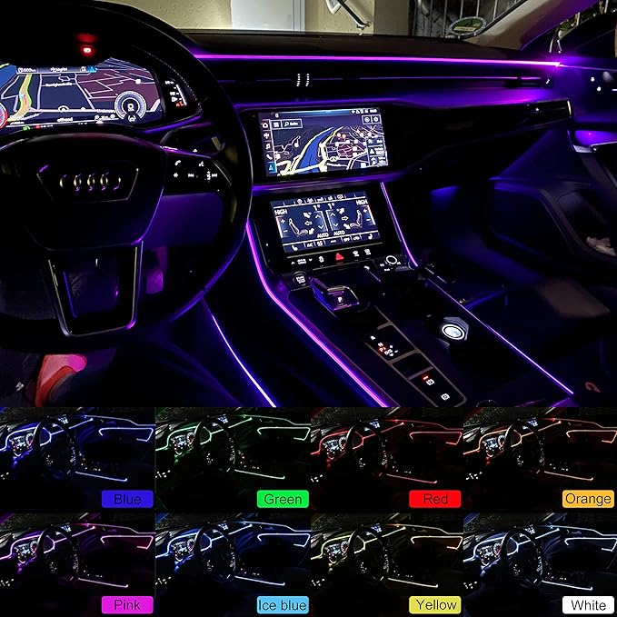 USB car Ambient Lighting Optic Fiber 8 Colors Music Sound Active with RF Remote Control Car Decorative Atmosphere Lighting Kit DC 12V 1W 3m with QC 3.0 Car Charger