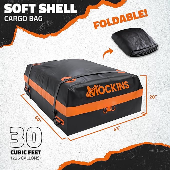 Mockins 30 Cu.Ft. All-Weather Rooftop Cargo Carrier Bag | 60"x43"x20" Soft-Shell Vinyl Roof Cargo Bag for Top of Car, SUV, Truck & Large Vehicles with Accessories | Car Top Carrier Without Roof Rack