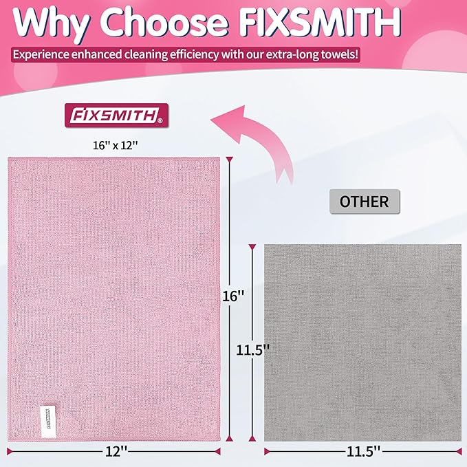 FIXSMITH Pink Microfiber Cleaning Cloth -Pack of 8, Highly Absorbent Cleaning Rags, 16"X12" All Purpose Cleaning Towels for Housekeeping, Kitchen, Car, Lint Free and Reusable Microfiber Towels