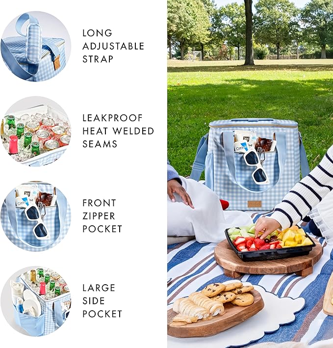 Fit & Fresh, 24-Can Soft Cooler Bag Insulated Leak-Resistant, Portable Soft Cooler, Large Cooler, Soft Sided Cooler Bag, Travel Cooler, Blue Gingham
