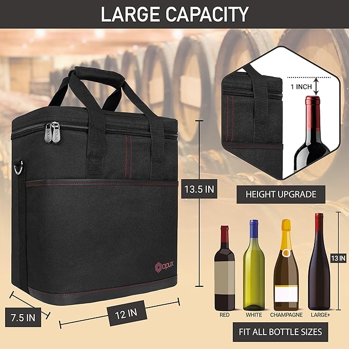 opux 6 Bottle Carrier Tote | Insulated Padded Wine Cooler Bag for Travel. Picnic, BYOB | Portable Leakproof Wine Tote Bag for Dinner, Party, Christmas, Wine Gift for Women, Men (Black)