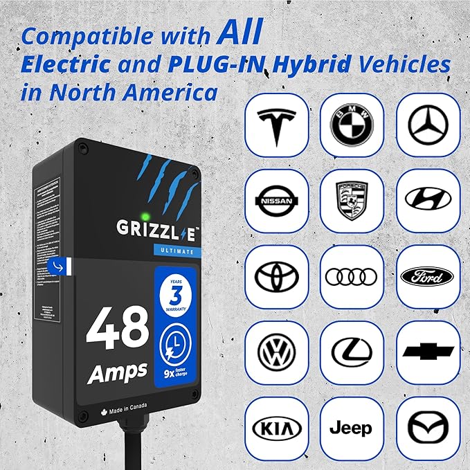 Grizzl-E 48A Ultimate Level 2 Fastest 48A Electric Vehicle (EV) Charger, UL Tested and Certified, Metal Case, Indoor/Outdoor Electric Car Fast Charging Station, Hardwired, Black, NACS
