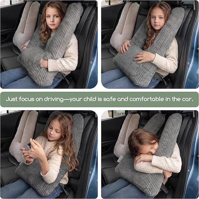 HIGOGOGO Washable Travel Pillow, Car Pillow for Kids & Adults, Travel Pillows with Removable Soft Cover and High-Support Foam, Fix Neck and Body Sitting/Sleeping on The Trip, Dark Grey