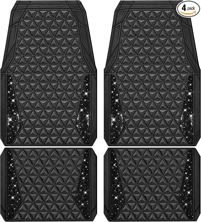CAR PASS Bling Diamond Car Mats Rubber Floor Mats Full Set Anti-Slip 3D Rhombus Waterproof Trim to Fit Liner Universal Glitter Crystal Sparkly Shining Rhinestone Girl Women SUV Sedan, Black Diamond