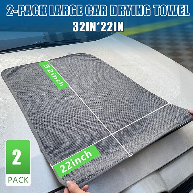 2 Pack Microfiber Car Towels,Car Drying Towel 22Inx32In,Waffle Weave with Reinforced Edges,Super Absorbent & Scratch-Free Cleaning Cloth for Auto Detailing,Home,Glass,Kitchen (Grey)