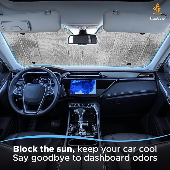 EcoNour Accordion Truck Windshield Sun Shade | Foldable Sun Visor with 4 Suction Cups | Reflective Automotive Windshield Shade Blocks UV Rays&Heat |Window Sun Blocker for Cool Interior - 66" x 31"