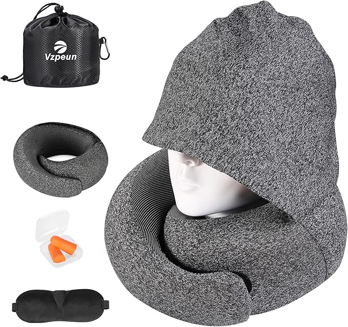 Travel Pillow - Hooded Neck Pillow Airplane Memory Foam Filling for Plane, Office, Cars Sleeping, Road Trip, Long Flights, Airplane Travel Essentials, Includes Eye Mask & Earplugs (Dark Gray)