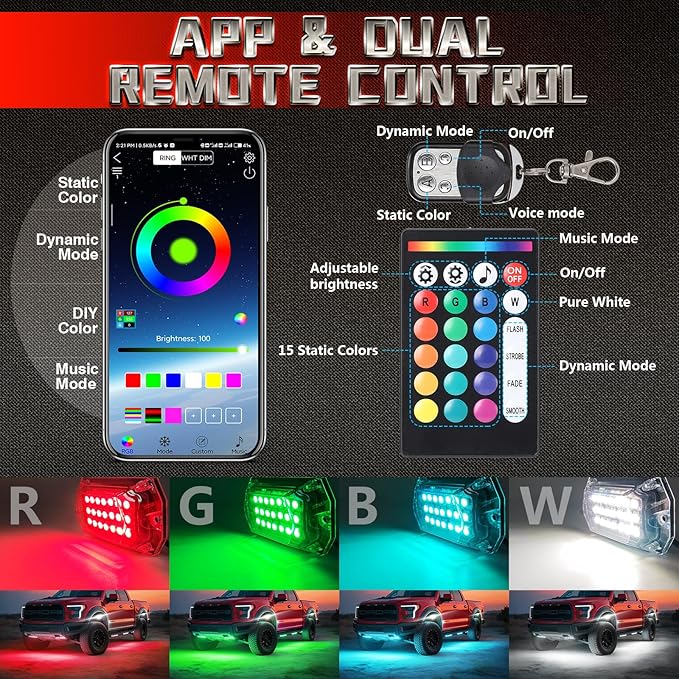 6 Pods Full Angle RGBW LED Rock Lights for Jeep ATV UTV RZR SXS Truck Offroad,Waterproof Multicolor Neon Underglow Kit with APP/RF Remote, 12V Pure White Underbody Lights
