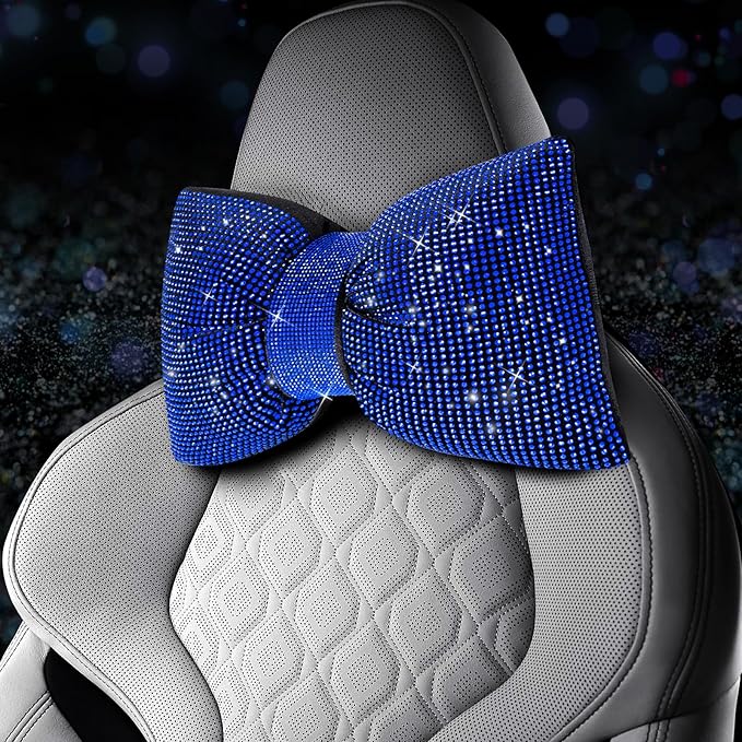 2 PCS Bling Car Pillows,Rhinestones Bowknot Car Headrest Pillow,Car Neck Pillow for Driver Relax Necksupport,Sleeping Travel Support Neck Pillow,Shiny Diamond Interior Accessories for Women,Blue