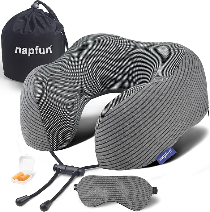 napfun Neck Pillow for Traveling, Upgraded Travel Neck Pillow for Airplane 100% Pure Memory Foam Travel Pillow for Flight Headrest Sleep, Portable Plane Accessories, Dark Gray Striped Kit