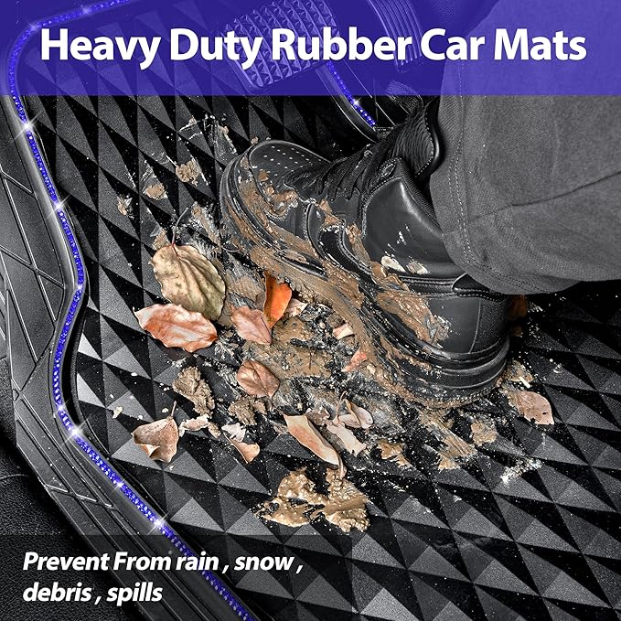CAR PASS Bling Diamond Rubber Car Mats, Heavy Duty Deep Dish All-Weather Floor Mat Full Set Anti-Slip 3D Rhombus Waterproof Trim to Fit Liner Universal Glitter Sparkly Shining Rhinestone, Black Blue