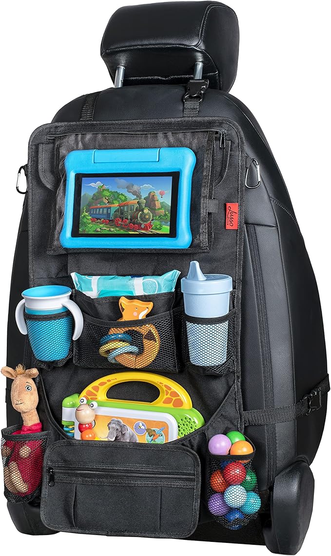 Lusso Gear Backseat Car Organizer- Kick Mat Protects Against Kids Feet - 12 Large Storage Pockets - iPad,Tablet, Water Bottle Holder- Durable, Heavy Duty Road Trip Essential (Black)