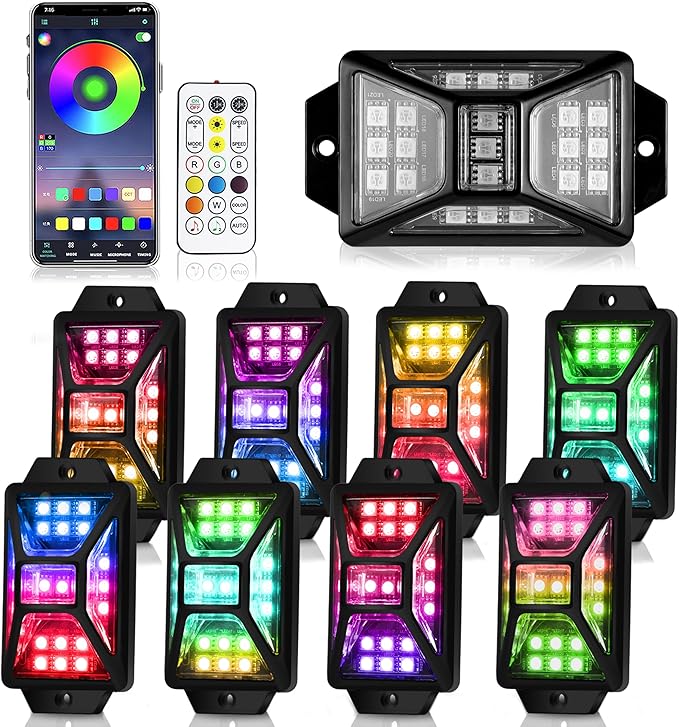 8 Pods Full Angle RGB Rock Lights Compatible with 12V Trucks Jeep UTV SUV ATV Boat Golf Cart, Waterproof, Multi-Color,Brake Light, App/Remote Control Led Rock Lights with Music Mode(Patented)