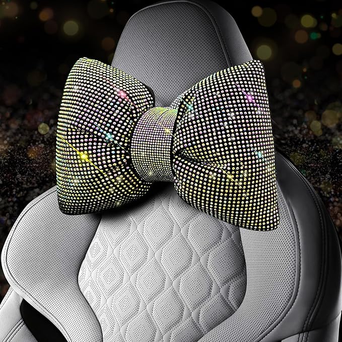 ChuLian 2 PCS Bling Car Pillow, Rhinestones Bowknot Neck Pillow, Car Headrest Neck Cushion Pillows, Sleeping Travel Support Neck Pillow, Colorful Diamond Interior Bling Accessories for Women