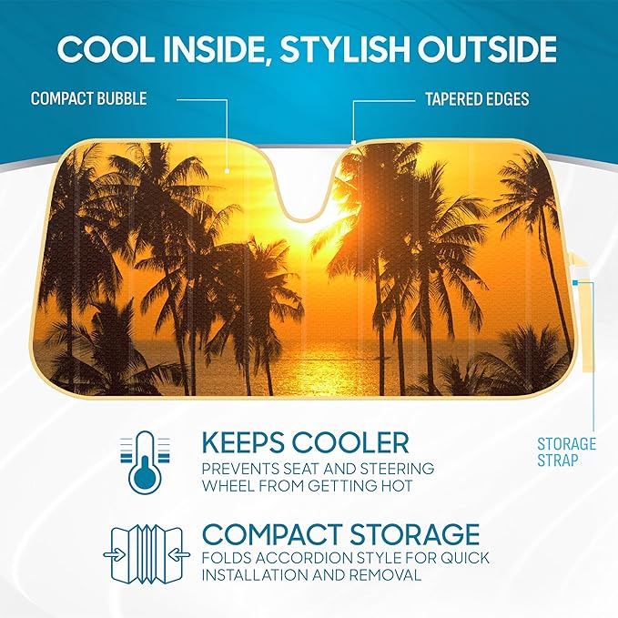 BDK Golden Sunset Palm Trees Front Windshield Sun Shade Accordion Folding Cute Car Window Shades for Truck & Car Sunshade Shield for Sun UV Rays - Visor Protector Keeps Vehicle Cool - 58 x 27 inches