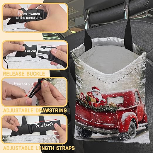 Santa Claus on Red Truck Car Trash Bag, Hanging Drawstring Car Garbage Bag,Canvas Car Back Seat Organizer with Adjustable Buckle for Men and Women
