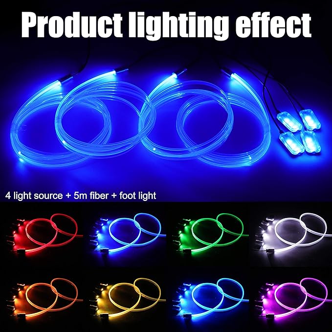 Car Interior Ambient Lighting Optic Fiber RGB 64 Colors Multicoloured Music Car Footwell Lighting Kit with Cigarette Lighter and App Microphone, DC 12V-24V 1W 5m