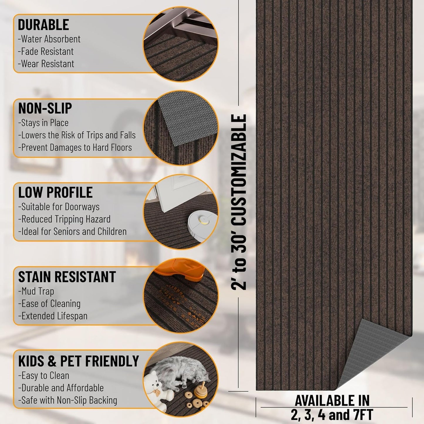 Ottomanson 2'7" x 55' Hallway Runner with Scraper Pile - Extra Durable Non-Slip Rug Mat for Indoor & Outdoor Use - Ideal for Kitchen, Entryway & Garage - High-Traffic Carpet, Brown