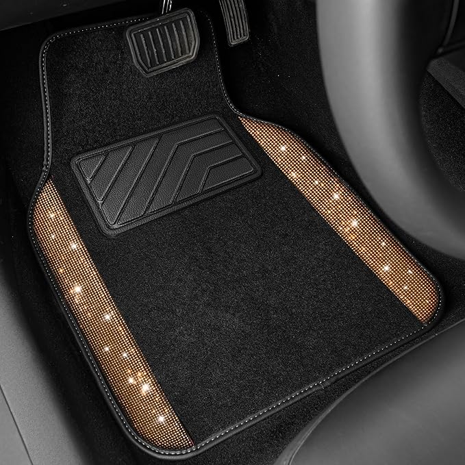CAR PASS Bling Diamond Car Floor Mats, Shining Rhinestone Carpet Sparkly Glitter Crystal with Anti-Slip PVC Heel Pad Waterproof Universal Fit Automotive SUV,Sedan,Van,Cute Girl Women,4pcs Golden