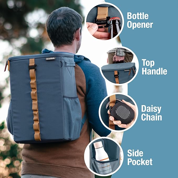 CleverMade Collapsible Backpack Cooler, 24 Can Insulated Backpack Cooler, Soft Sided Cooler Back Pack for Travel, Beach Cooler, Leakproof, Folds Flat - Ocean Cognac