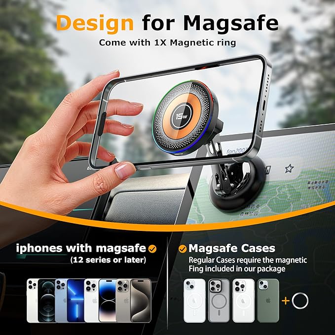 MagSafe Car Mount Charger, 2 in 1 Magnetic Phone Holders for Car, 15W Fast Charging Mag Safe Car Charger Stick on Dashboard Windshield, Car Accessories for iPhone 17/16/15/14/13/12 Series
