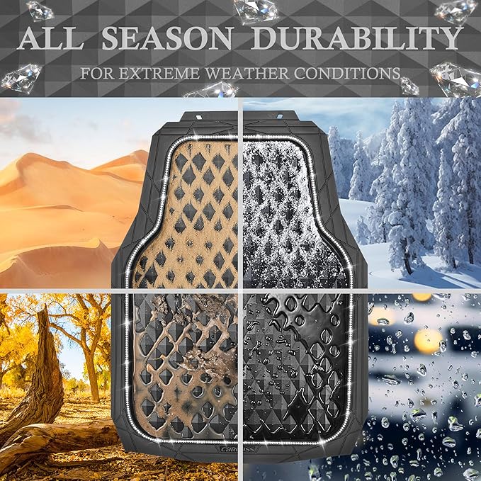 CAR PASS Bling Diamond Black Rubber Car Mats, Heavy Duty Deep Dish All-Weather Floor Mat Anti-Slip 3D Rhombus Waterproof Trim to Fit Liner Universal Glitter Sparkly Shining Rhinestone, 3 Pcs Silver