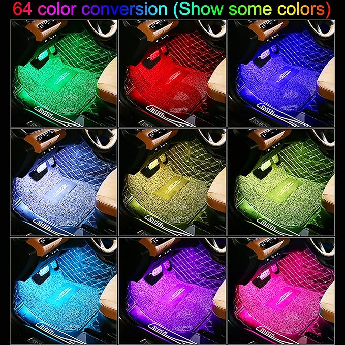 Car Interior Ambient Lighting RGB 64 Colors Multicoloured Music Car Footwell Lighting Kit with Cigarette Lighter and App Microphone, 12V-24V 1W