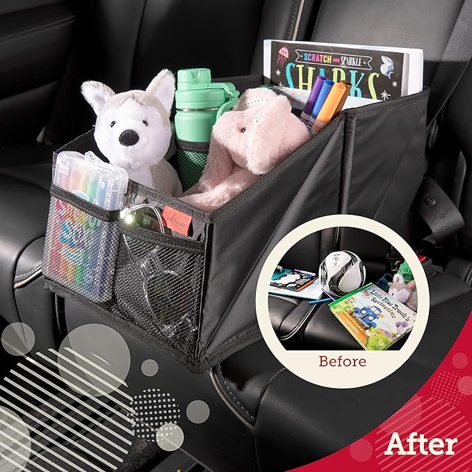 Lusso Gear Car Seat Organizer - Built-In Car Cup Holders & Mesh Pockets - Foldable Back Seat Organizer with Handles - Kids Road Trip Essentials - 9 Compartments, Black Oxford