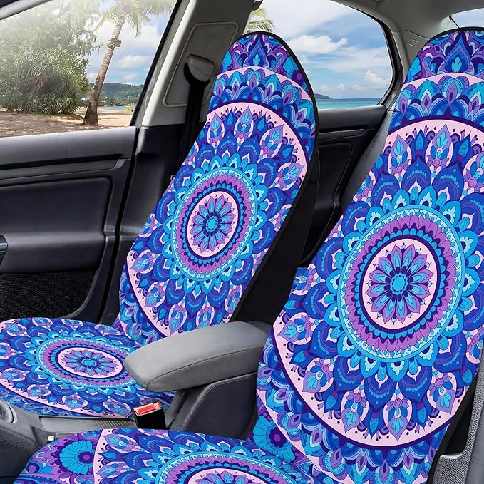 2 Pack Car Seat Towel Covers, Sweat Protector for Front Seats, Premium Thickened Microfiber, Mandala, Non-Slip Elastic Strap, Breathable Quick Dry, Machine Washable Cover for Gym Running Universal Fit