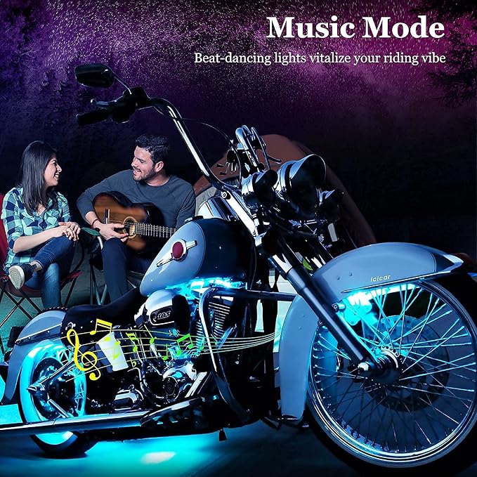 Motorcycle LED Underglow Kit, icicar 8 Pcs APP/RF Control Multicolor Motorcycle LED Light Kit with Brake Turn Signal, IP68 Waterproof & Music Sync Ambient Light for Motorcycles