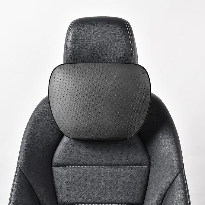 Genuine Leather Car Neck Pillow for headrest,Support Drive Seats Head Cushion,Real Cow Leather,11.8x7.5”,Plant-Based Polyester,Thickness & Height Adjustable,Inner Liner fillable(Black,1p)