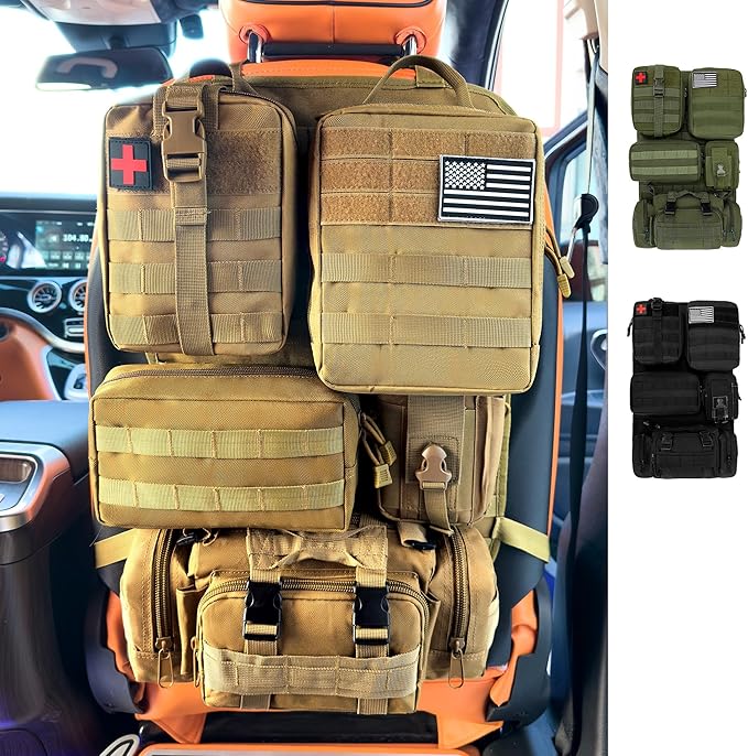 6 Pack Tactical MOLLE Car Seat Back Organizer - Universal Vehicle Storage Bag with 5 Detachable MOLLE Pouches, US Flag Patch, Fits Jeep, Truck, SUV, Car, Ford, Chevy, Toyota, Honda (KHAKI)