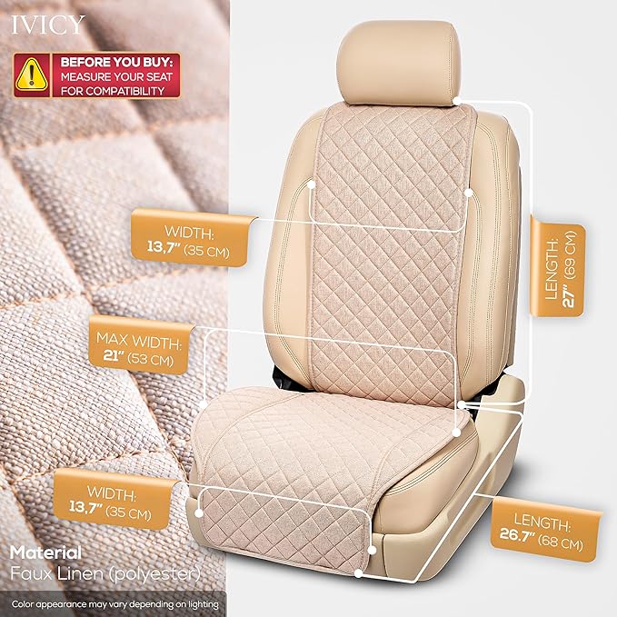 IVICY Faux Linen Front Car Seat Cover – Durable, Non-Slip Seat Protector for Cars – 1 Unit, Light Beige