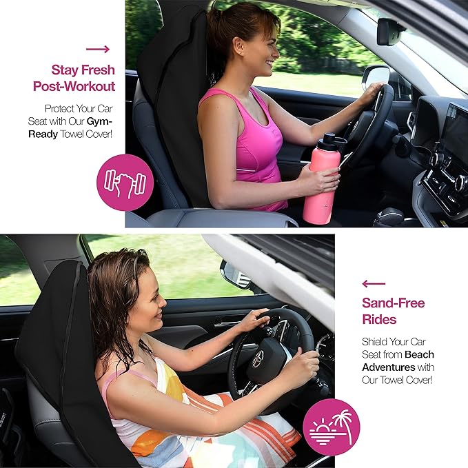 lebogner Car Seat Towel Cover for Post Gym Workout, Running, Swimming, and Hiking, 2 Pack Universal Fit Anti-Slip Waterproof Sweating Bucket Seat Protector for Cars, SUVs and Trucks, Black