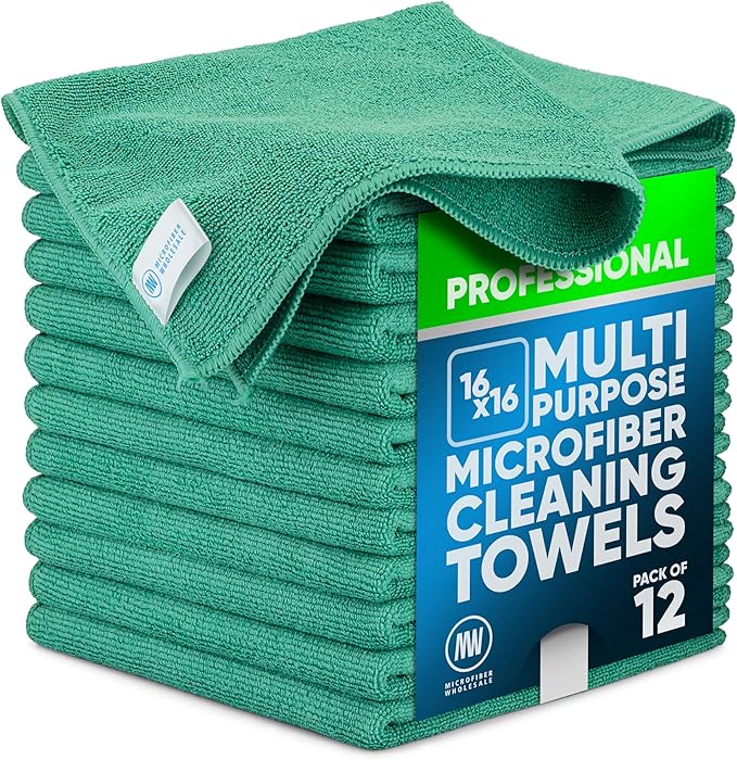 Microfiber Wholesale MW Pro 16x16 Microfiber Wash Cloths - Absorbent Kitchen Dish Rags & Counter Wipes - Heavy Duty Scrubbing Towels for Restaurants & Food Prep (Green, 12-Pack)